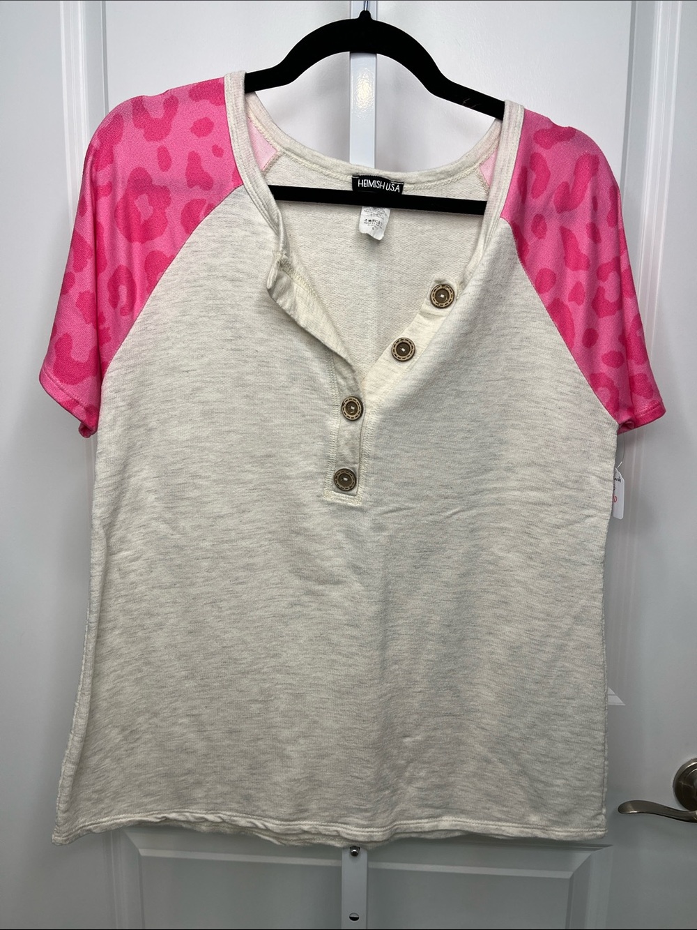 HEIMISH USA Cream Henley Top with Pink Leopard Raglan Sleeves Small